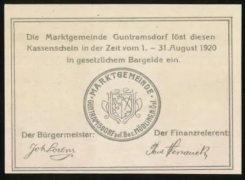 Notgeld Guntramsdorf 1920, 30 Heller, Kühe, Kirche und Fabrik, mit Wappen und Unterschriften