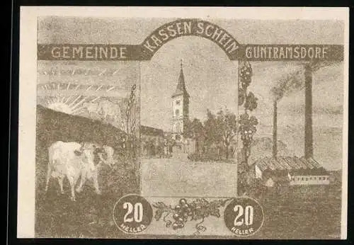 Notgeld Guntramsdorf 1920, 20 Heller, Landschaft mit Kirche, Kühen und Fabrik, mit Wappen