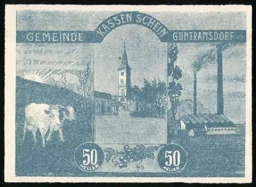 Notgeld Guntramsdorf 1920, 50 Heller, Kirche, Kühe und Fabrik, mit Wappen der Marktgemeinde