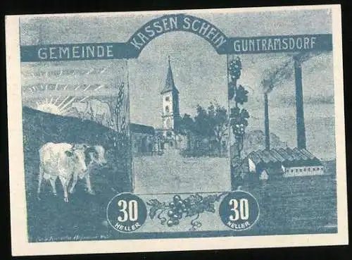 Notgeld Guntramsdorf 1920, 30 Heller, Kühe, Kirche, Fabrik und Wappen