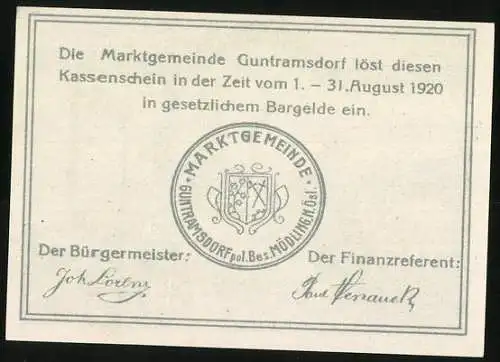 Notgeld Guntramsdorf 1920, 30 Heller, Kühe, Kirche, Fabrik und Wappen