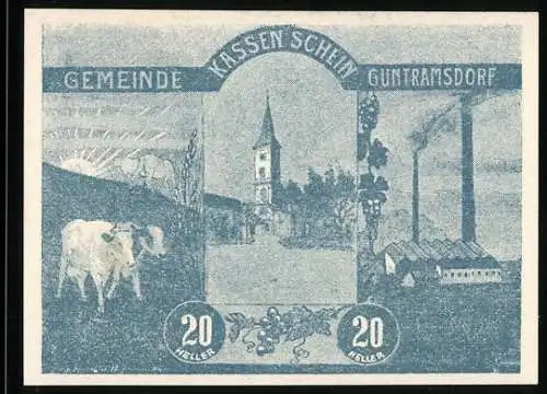 Notgeld Guntramsdorf 1920, 20 Heller, Kirche, Kühe, Fabrikszene, Wappen der Marktgemeinde