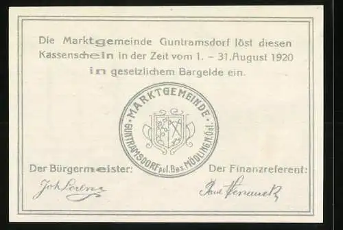 Notgeld Guntramsdorf 1920, 20 Heller, Kirche, Kühe, Fabrikszene, Wappen der Marktgemeinde