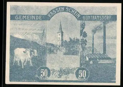 Notgeld Guntramsdorf 1920, 50 Heller, Landschaft mit Kirche, Kuh, Weinreben und Fabrik, mit Wappen