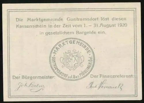 Notgeld Guntramsdorf 1920, 50 Heller, Landschaft mit Kirche, Kuh, Weinreben und Fabrik, mit Wappen