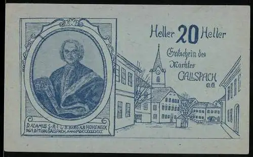 Notgeld Gallspach 1920, 20 Heller, Porträt und Stadtansicht, mit Wappen