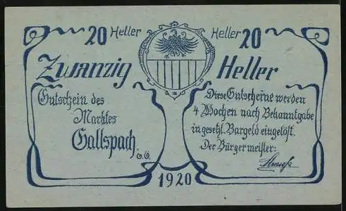 Notgeld Gallspach 1920, 20 Heller, Porträt und Stadtansicht, mit Wappen