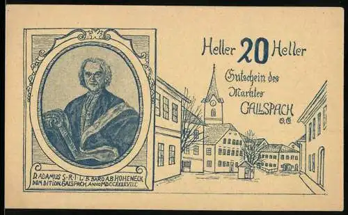 Notgeld Gallspach 1920, 20 Heller, Porträt und Stadtansicht, mit Wappen und Text