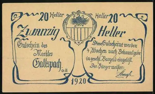 Notgeld Gallspach 1920, 20 Heller, Porträt und Stadtansicht, mit Wappen und Text