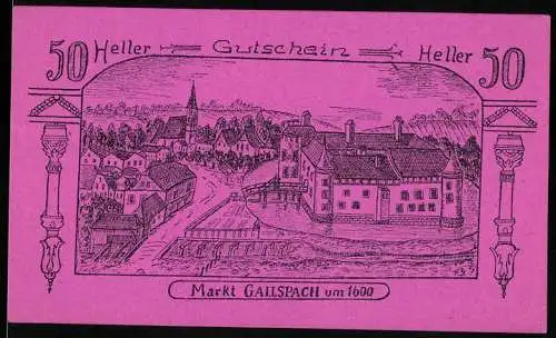 Notgeld Gallspach 1920, 50 Heller, Stadtansicht und Wappen mit Adler