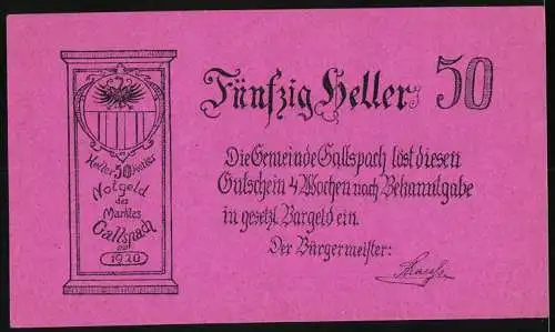 Notgeld Gallspach 1920, 50 Heller, Stadtansicht und Wappen mit Adler