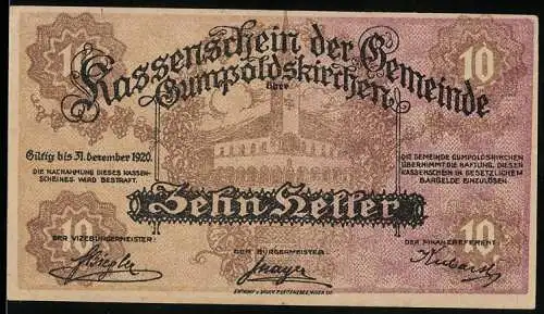 Notgeld Gumpoldskirchen 1920, 10 Heller, Kirche und kunstvolle Schriftzüge