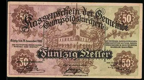 Notgeld Gumpoldskirchen 1920, 50 Heller, Rathausabbildung und Verzierungsmuster