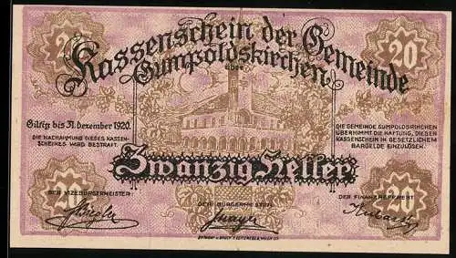 Notgeld Gumpoldskirchen 1920, 20 Heller, Kirche-Motiv, violett-braun, Unterschriften der Gemeindevertreter