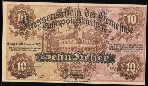 Notgeld Gumpoldskirchen 1920, 10 Heller, Rathaus mit floralen Verzierungen und Unterschriften