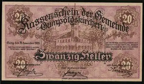 Notgeld Gumpoldskirchen 1920, 20 Heller, Rathaus Gumpoldskirchen, florale Muster, Unterschriften