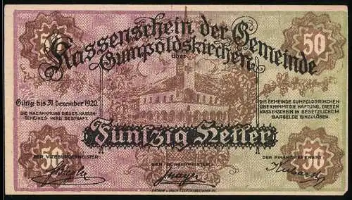 Notgeld Gumpoldskirchen 1920, 50 Heller, Stadtansicht und dekorative Schriftzüge