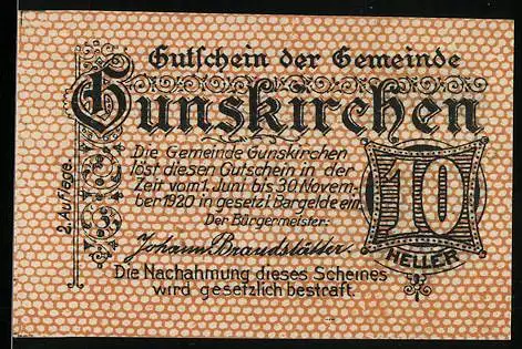 Notgeld Gunskirchen 1920, 10 Heller, Altes Schloss Irnharting, dekorative Schrift und Bordüre