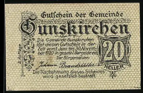 Notgeld Gunskirchen 1920, 20 Heller, Kirche und dekorativer Textblock