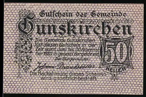 Notgeld Gunskirchen 1920, 50 Heller, Stadtansicht mit Kirche und dekorativem Textdesign