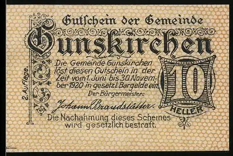 Notgeld Gunskirchen 1920, 10 Heller, Altes Schloss Irnharting, Ornamente, Seriennummer und Gemeindeaufschrift