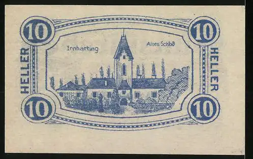 Notgeld Gunskirchen 1920, 10 Heller, Altes Schloss Irnharting, Ornamente, Seriennummer und Gemeindeaufschrift