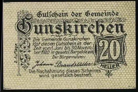 Notgeld Gunskirchen, 20 Heller, Kirchengemeinde mit Kirche und Textverzierung