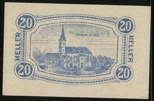 Notgeld Gunskirchen, 20 Heller, Kirchengemeinde mit Kirche und Textverzierung