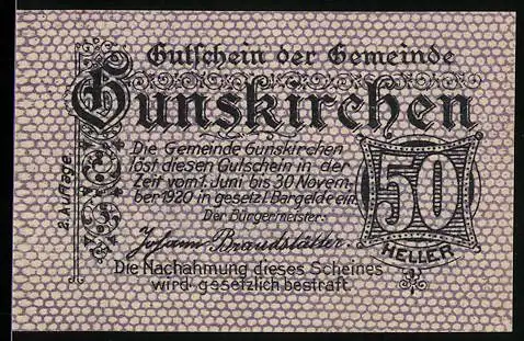 Notgeld Gunskirchen 1920, 50 Heller, Text und Stadtansicht Gunskirchen