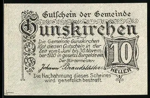 Notgeld Gunskirchen 1920, 10 Heller, altes Schloss Irnharting