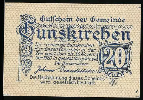 Notgeld Gunskirchen 1920, 20 Heller, Kirche in Fallsbach bei Wels, Seriennummer und verzierter Text