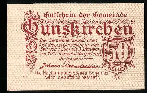 Notgeld Gunskirchen 1920, 50 Heller, Stadtansicht mit Kirche und dekorativem Schriftzug