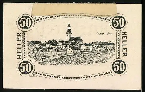 Notgeld Gunskirchen 1920, 50 Heller, Stadtansicht mit Kirche und dekorativem Schriftzug