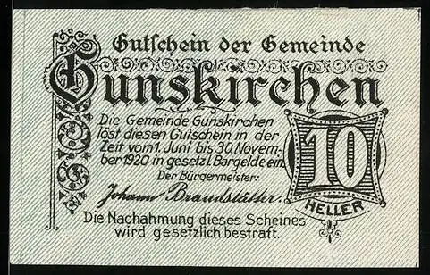 Notgeld Gunskirchen 1920, 10 Heller, Altes Schloss Irnharting, dekorative Schriftzüge