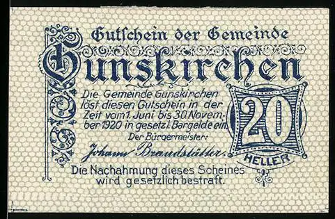 Notgeld Gunskirchen 1920, 20 Heller, Kirche in Landschaftsmotiv