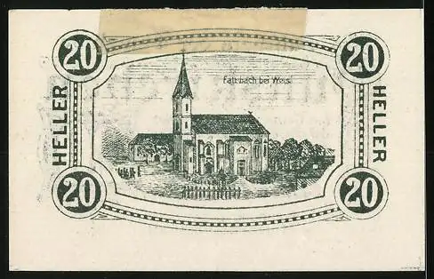 Notgeld Gunskirchen 1920, 20 Heller, Kirche in Landschaftsmotiv