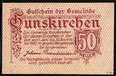 Notgeld Gunskirchen 1920, 50 Heller, Stadtansicht mit Kirche und Flussufer