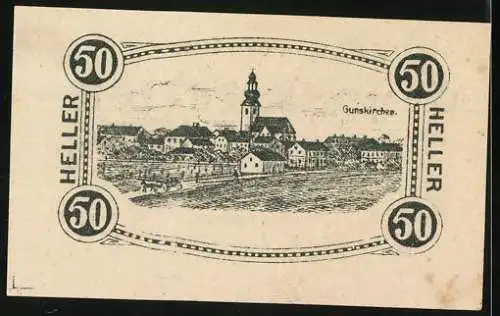 Notgeld Gunskirchen 1920, 50 Heller, Stadtansicht mit Kirche und Flussufer