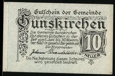 Notgeld Gunskirchen 1920, 10 Heller, Altes Schloss Irnharting, dekorative Schrift