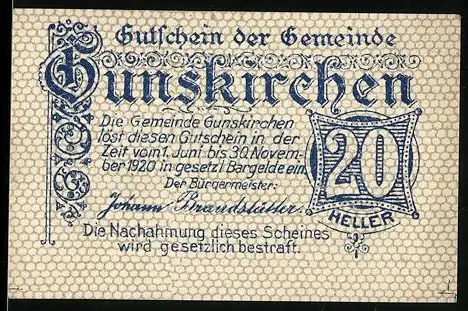 Notgeld Gunskirchen 1920, 20 Heller, Kirche und dekorative Schriftzüge