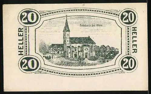 Notgeld Gunskirchen 1920, 20 Heller, Kirche und dekorative Schriftzüge