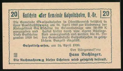 Notgeld Gaspoltshofen 1920, 20 Heller, Sonnenaufgang und landwirtschaftliche Szenen