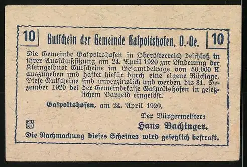 Notgeld Gaspoltshofen 1920, 10 Heller, Sonnenaufgang über einem Feld mit Pflüger und bäuerlichen Szenen