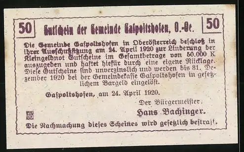 Notgeld Gaspoltshofen 1920, 50 Heller, Pflügende Bauern vor Sonnenaufgang, Text und Unterschrift Hans Bachinger