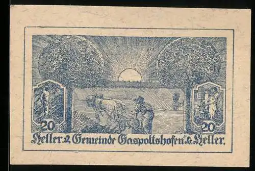 Notgeld Gaspoltshofen 1920, 20 Heller, Pflügende Bauern vor Sonnenaufgang