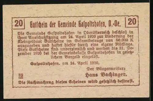 Notgeld Gaspoltshofen 1920, 20 Heller, Pflügende Bauern vor Sonnenaufgang