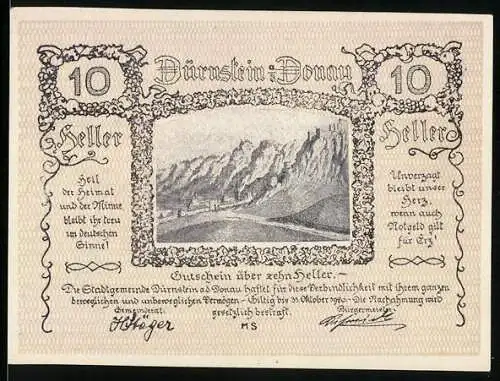 Notgeld Dürnstein 1920, 10 Heller, Landschaftsmotiv mit Bergen, Gedicht, Zierleisten, Unterschriften