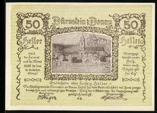 Notgeld Dürnstein 1921, 50 Heller, Stadtansicht mit Kirche und Burg, dekorativer Rahmen, Seriennummer und Unterschriften