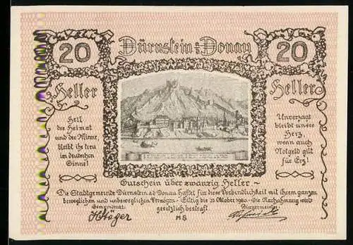 Notgeld Dürnstein 1920, 20 Heller, Stadtansicht mit Bergen und Fluss, dekorativer Rahmen