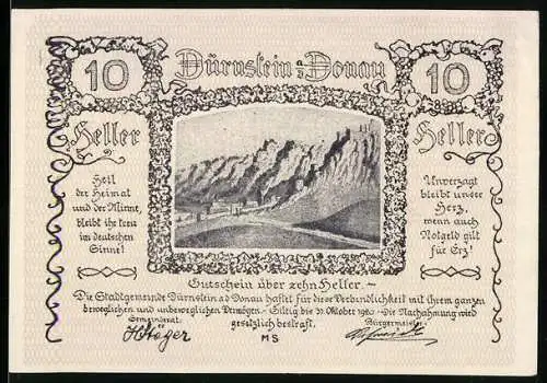 Notgeld Dürnstein 1920, 10 Heller, Landschaft mit Felsen und dekorativen Rahmen